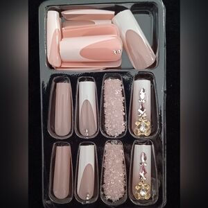 New Pink French Tips With Gold Charms Press-On Long Nails